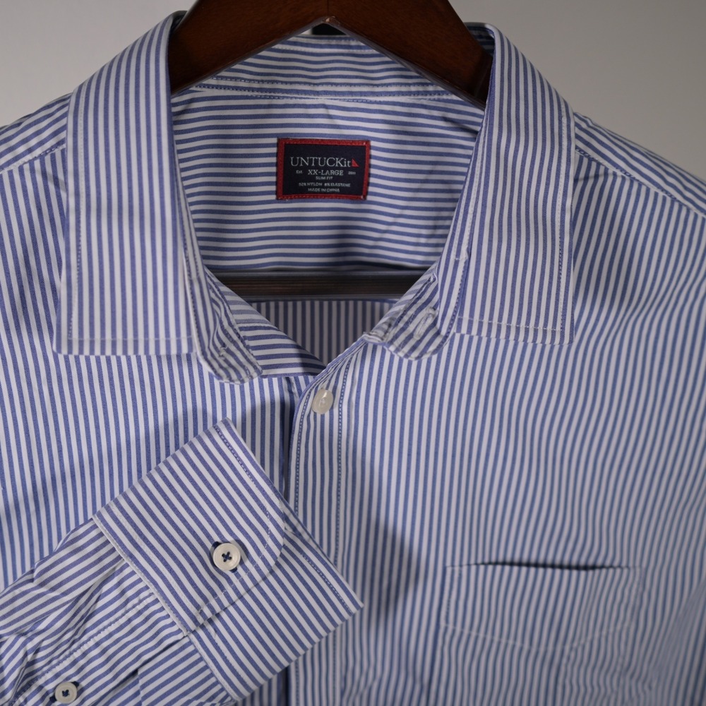 UNTUCKit Mens XXL Slim Fit Blue White Striped Performance Button Down Shirt
